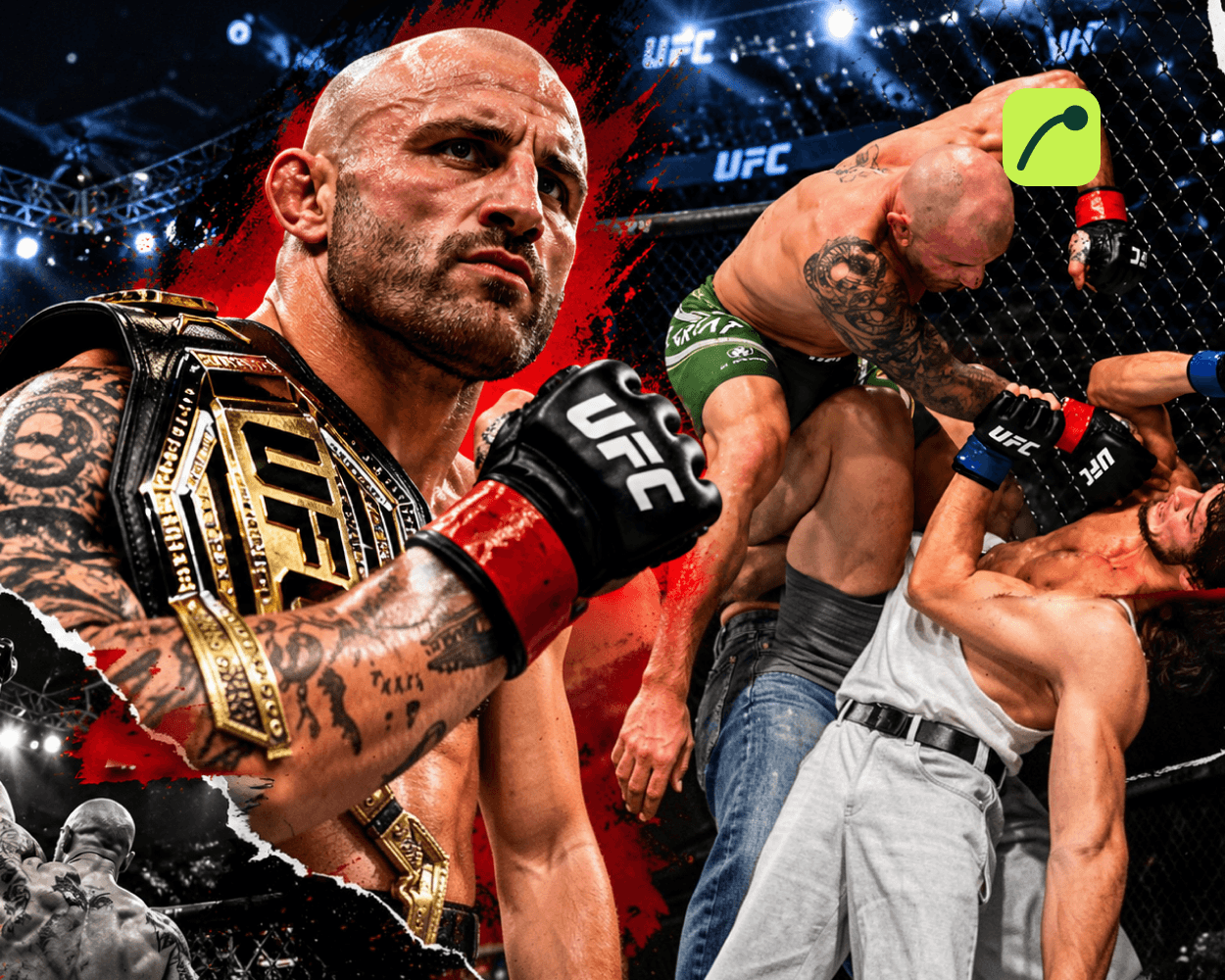 Alexander Volkanovski landing ground strikes against Movsar Evloev in a UFC featherweight title fight