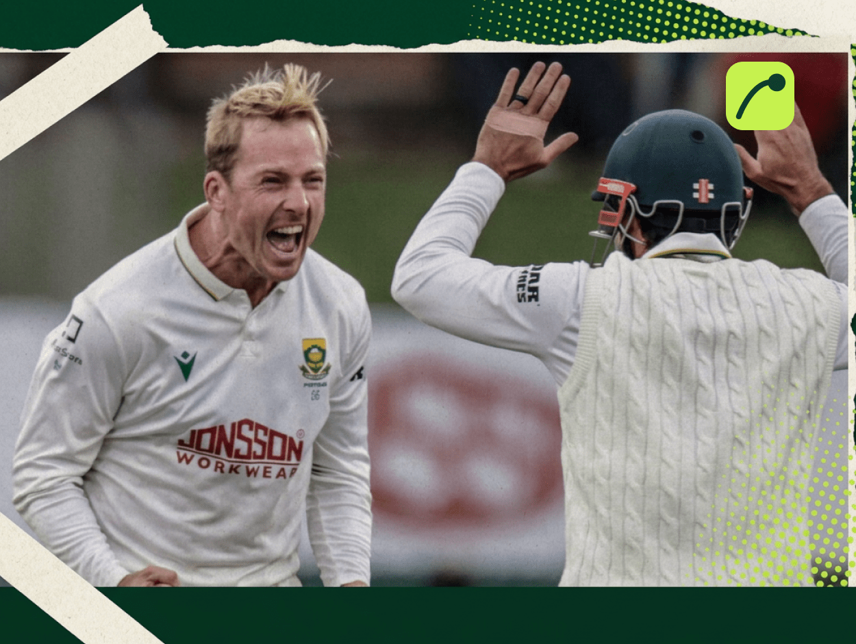 South African bowler celebrating after dismissing an Australian batsman in a Test match