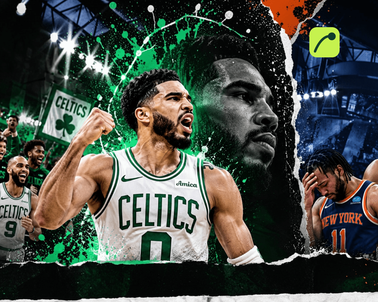 Boston Celtics forward Jayson Tatum celebrating during an NBA game against the New York Knicks.