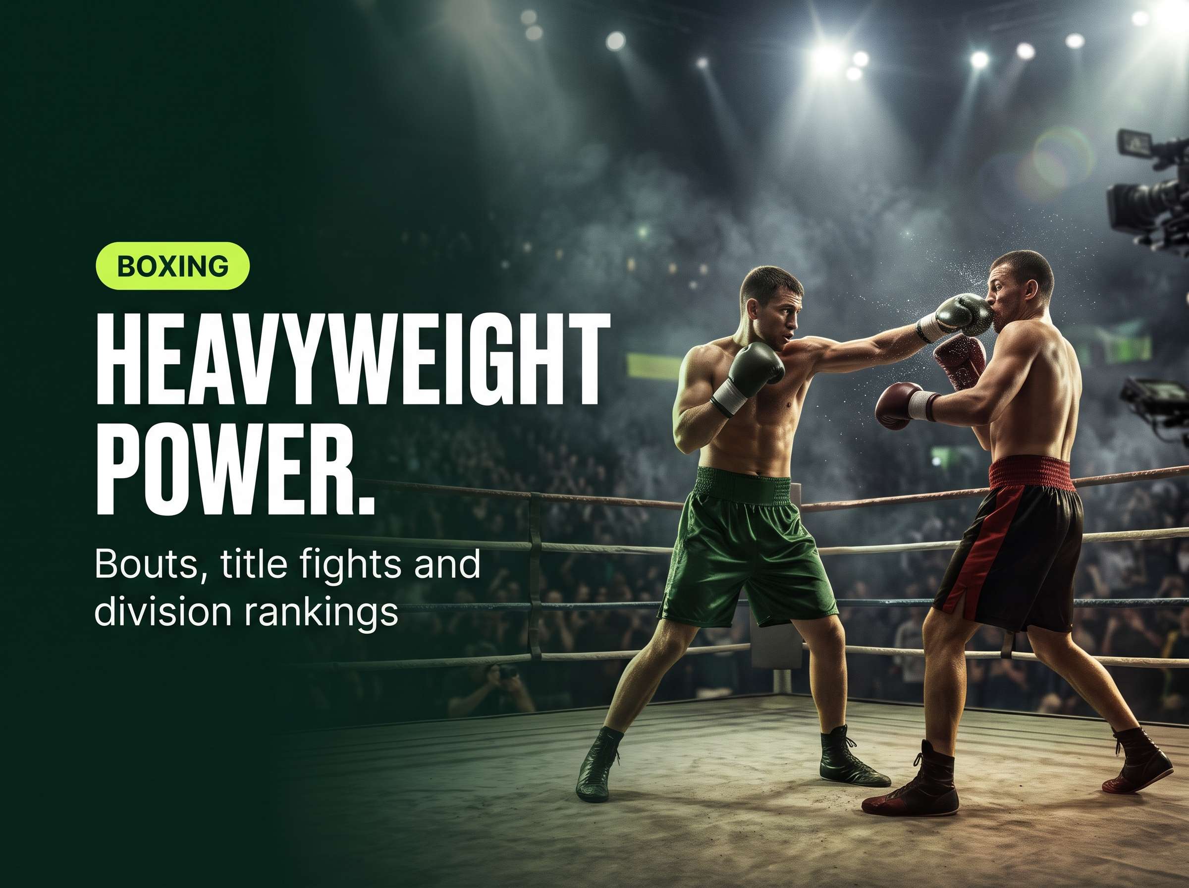 Two boxers fighting inside the ring under spotlights, one in dark green trunks landing a punch