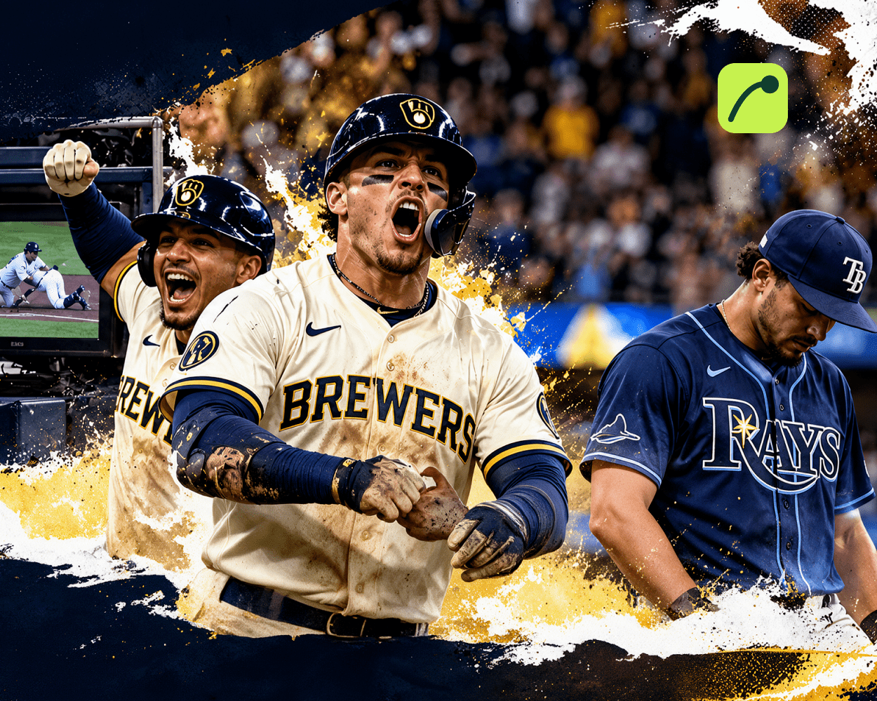 Milwaukee Brewers players celebrating on the field after defeating the Tampa Bay Rays in the World Series opener