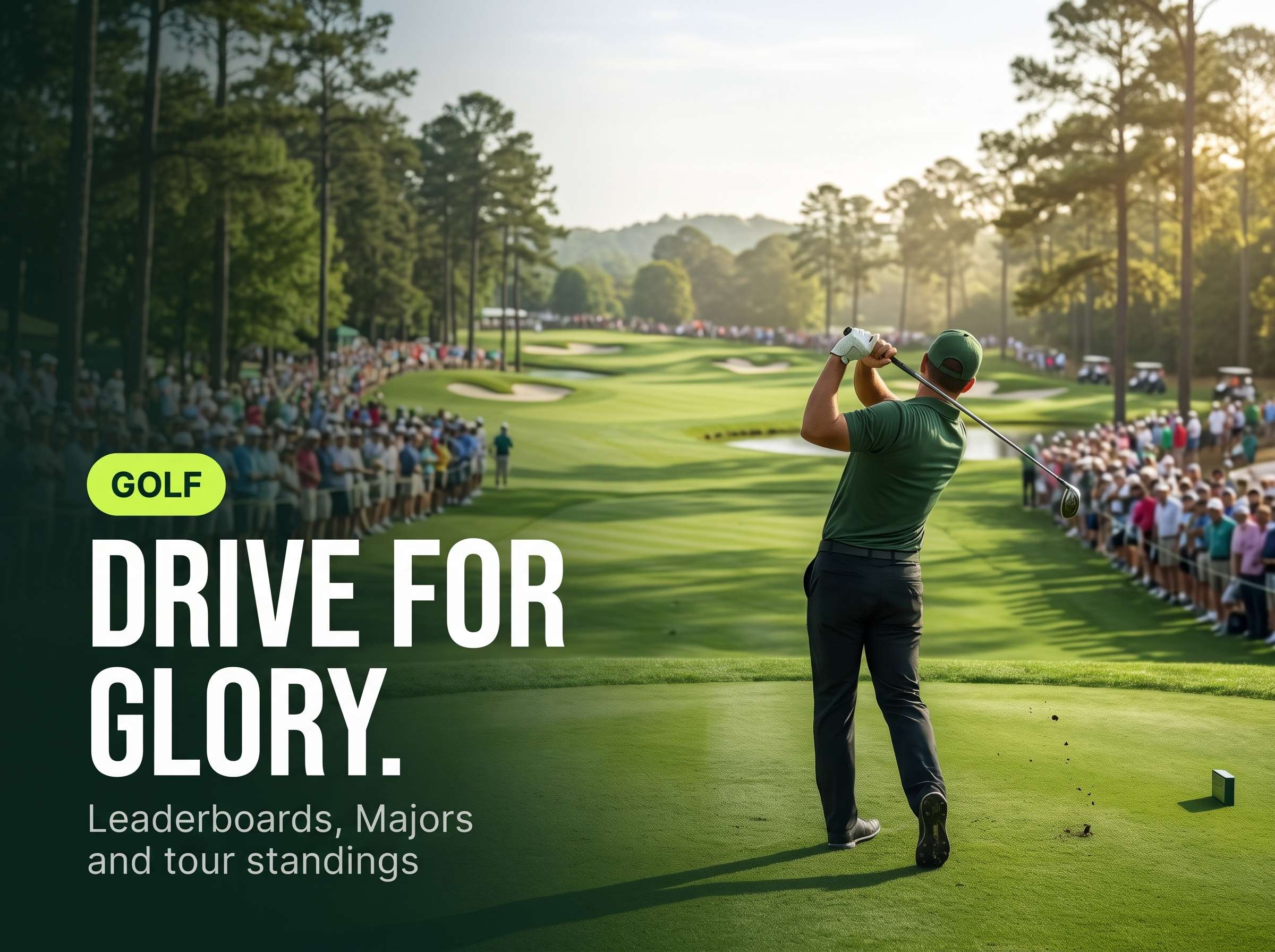 A professional golfer in a dark green polo shirt and cap holding a balanced follow-through pose on a lush green fairway