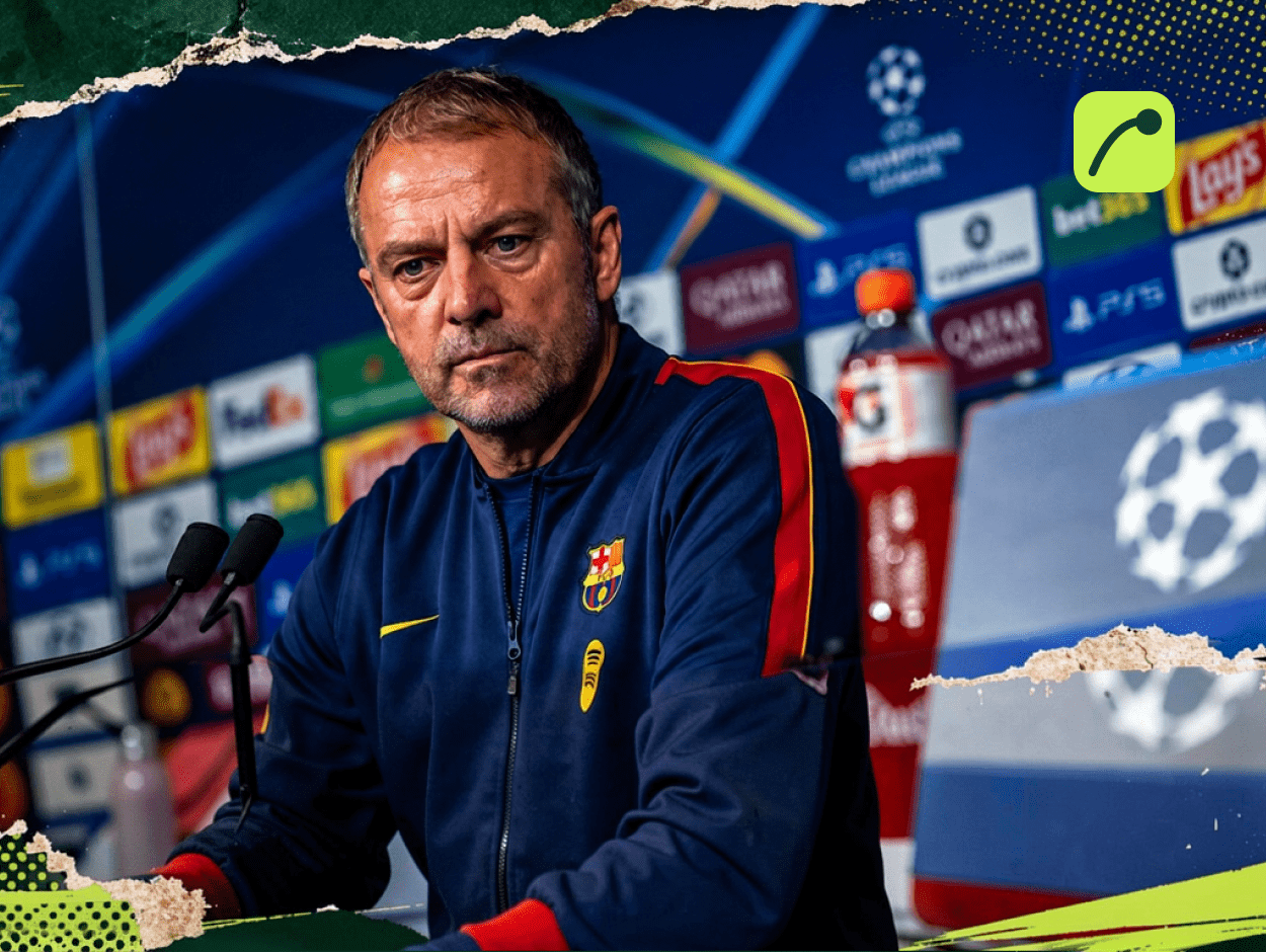 Barcelona manager Hansi Flick speaking at a Champions League press conference