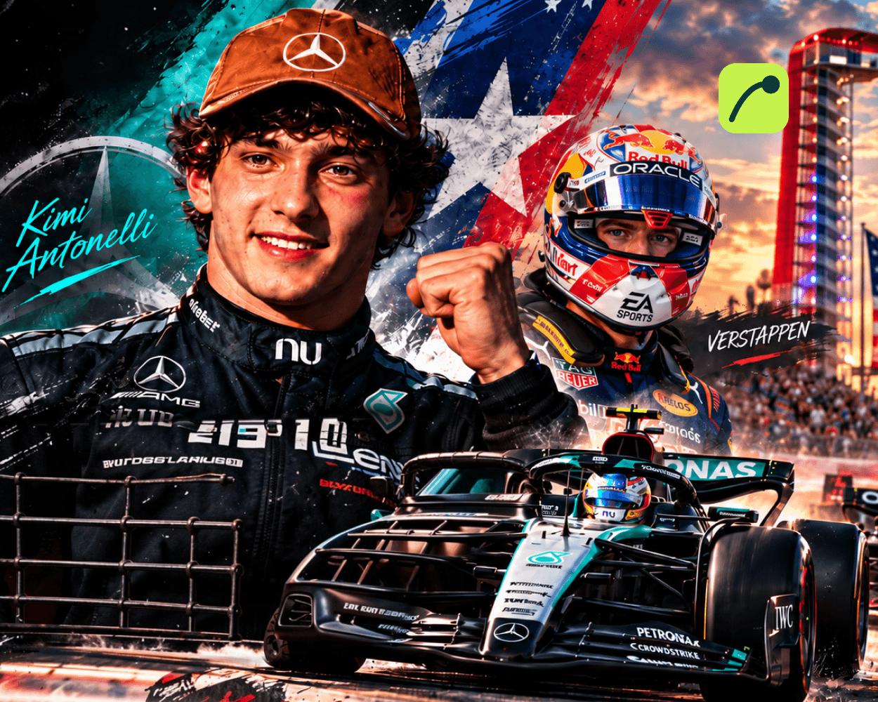 Formula 1 driver Kimi Antonelli celebrating United States Grand Prix pole position next to his Mercedes car
