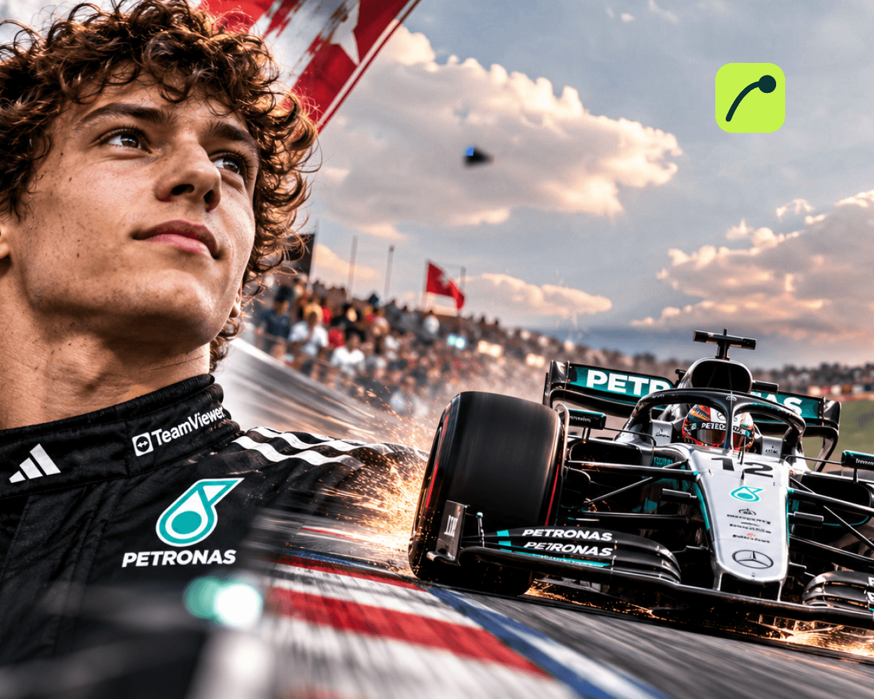 Formula 1 promotional banner featuring driver Kimi Antonelli and a Mercedes race car on track