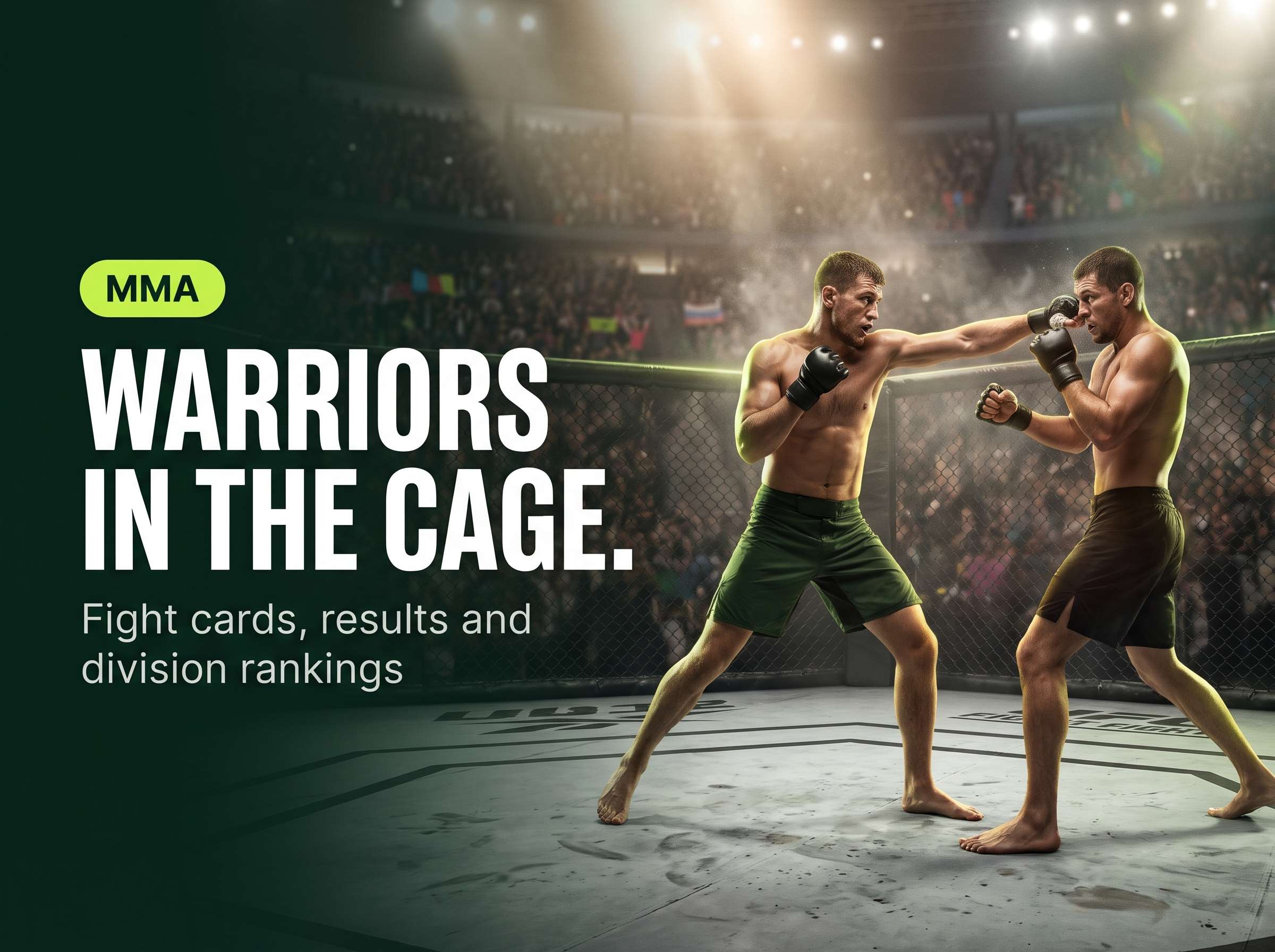 Two MMA fighters in a competition cage, one in dark green shorts throwing a strike at an opponent