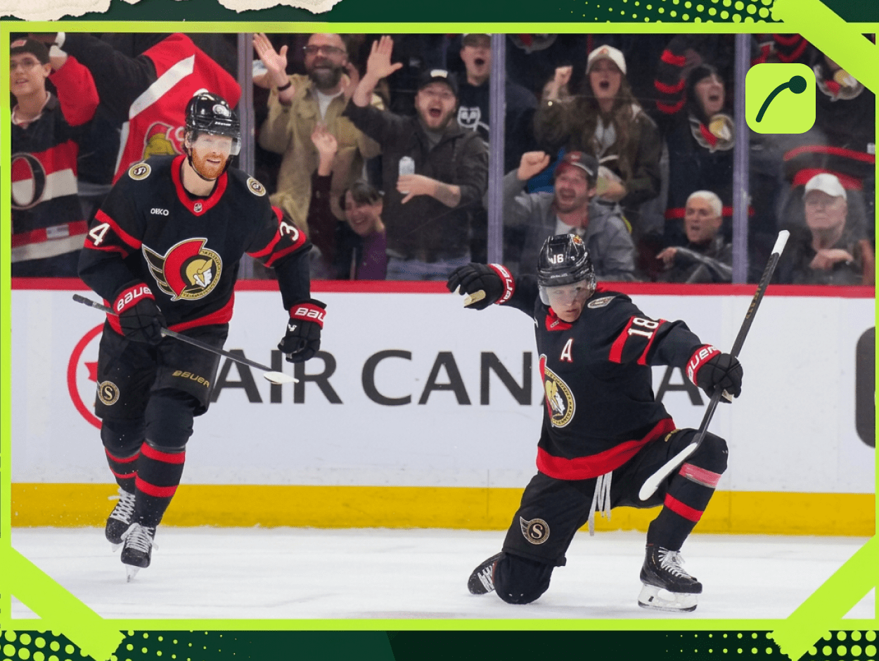Ottawa Senators players celebrating a goal during their NHL game against the Florida Panthers