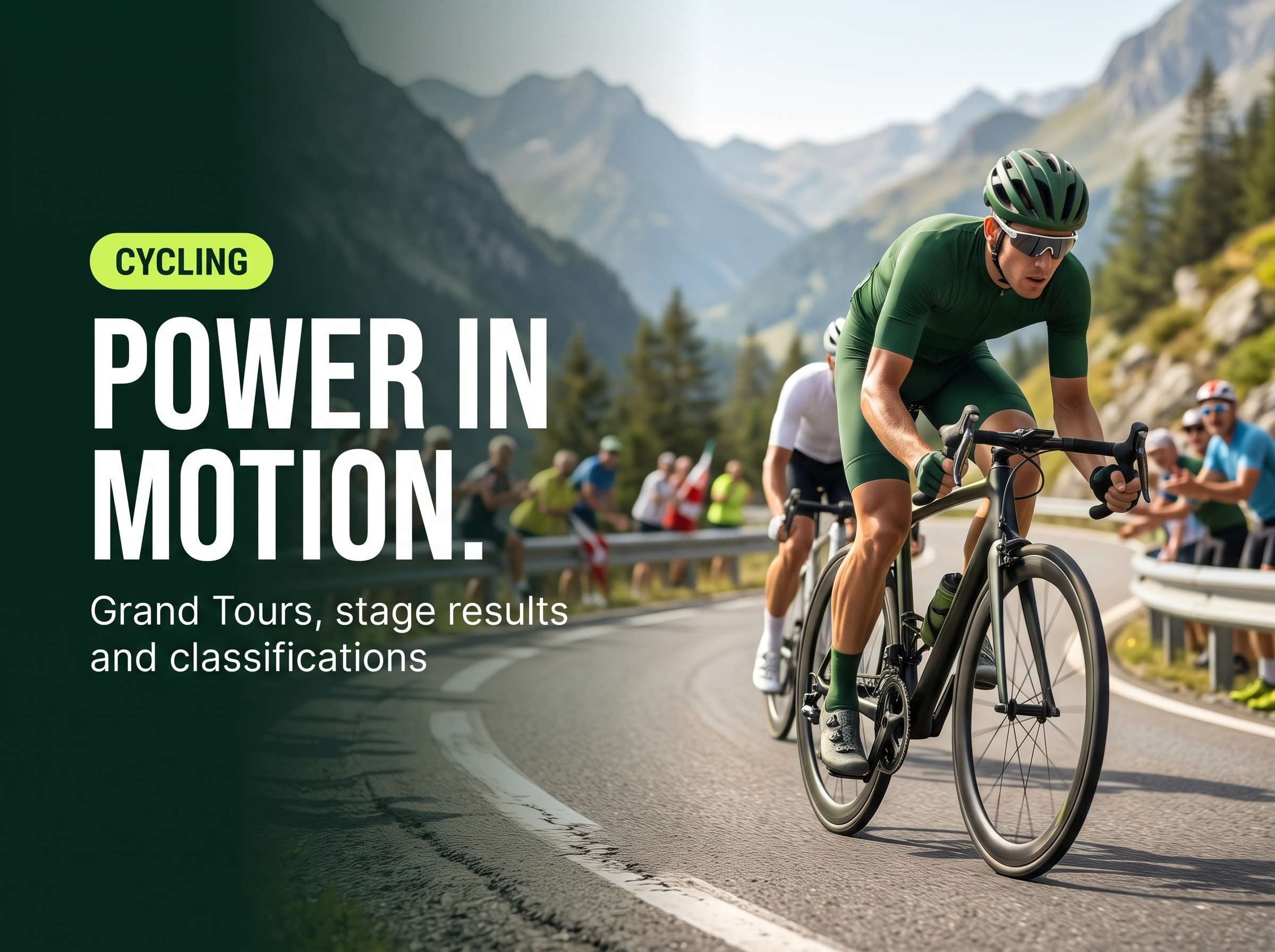 A lead cyclist in a dark green jersey tucked in an aerodynamic sprint on a winding mountain road
